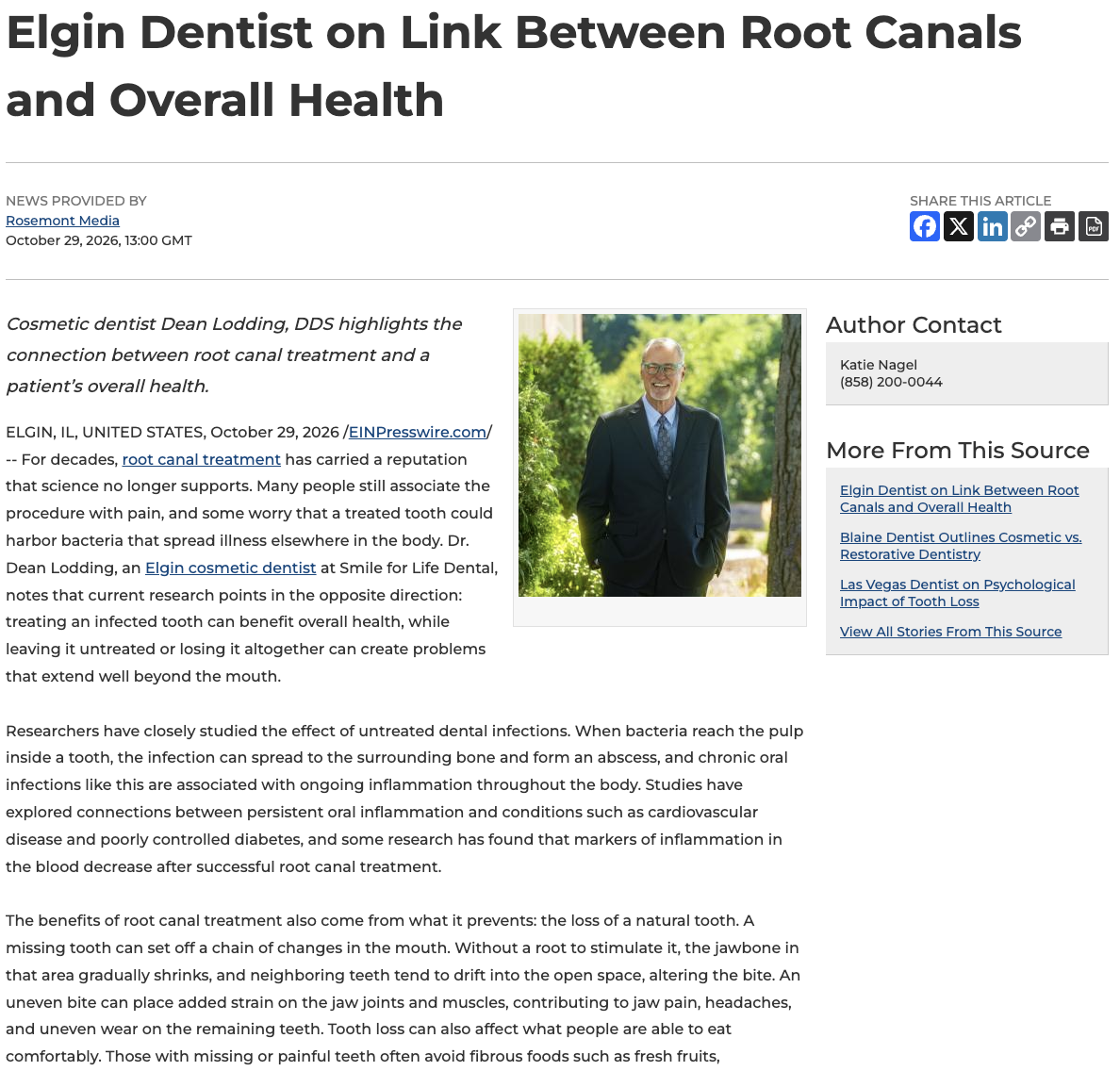 Elgin cosmetic dentist details the connection between root canal treatment and overall health.